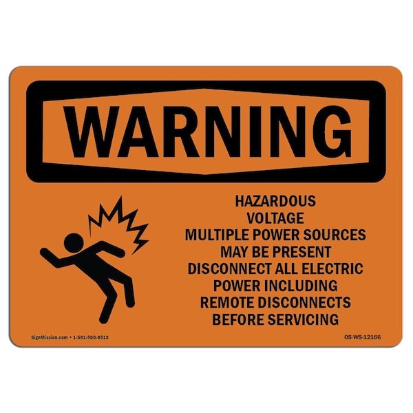 OSHA Warning Sign, 18" Height, 24" Width, Hazardous Voltage Multiple Power With Symbol, Landscape
